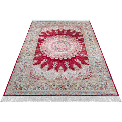 שטיח אספהאן 02 בז'/אדום עם פרנזים | השטיח האדום