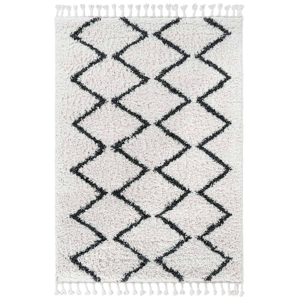 שטיח קזבלנקה 08 לבן/שחור עם פרנזים | השטיח האדום