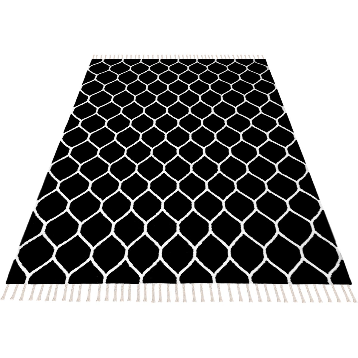 שטיח קילים הדס 04 שחור/לבן עם פרנזים | השטיח האדום