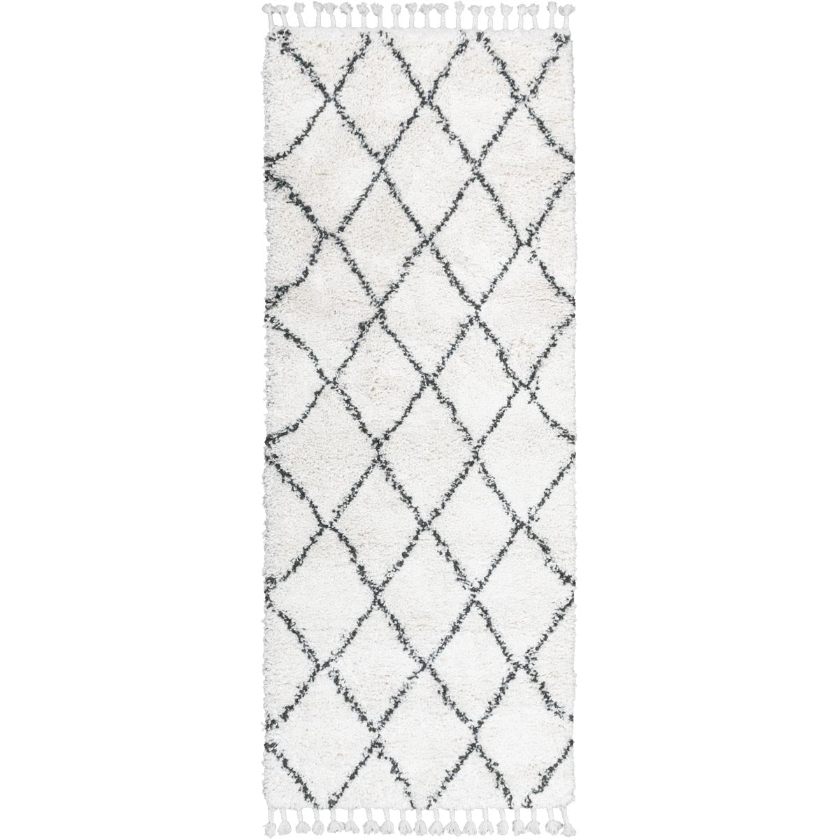 שטיח קזבלנקה 03 לבן/שחור ראנר עם פרנזים | השטיח האדום