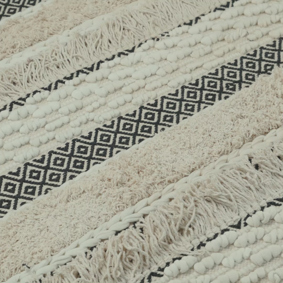 שטיח גפן כותנה 09 קרם/בז'/שחור עם פרנזים | השטיח האדום