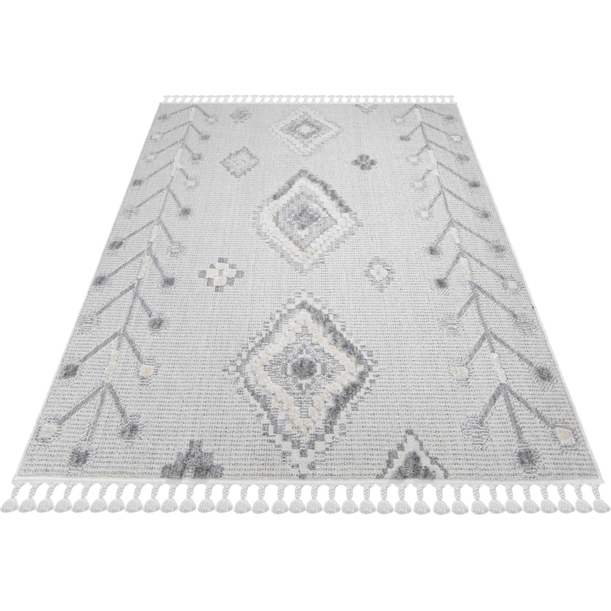 שטיח אטלס 13 אפור/קרם עם פרנזים | השטיח האדום