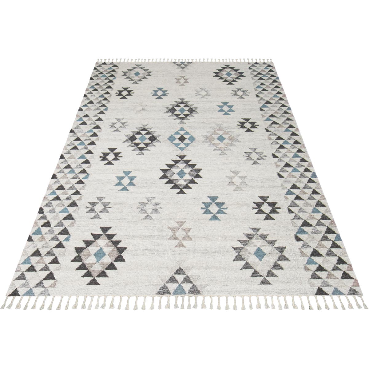 שטיח קילים סקנדינבי 09 אפור/כחול עם פרנזים | השטיח האדום