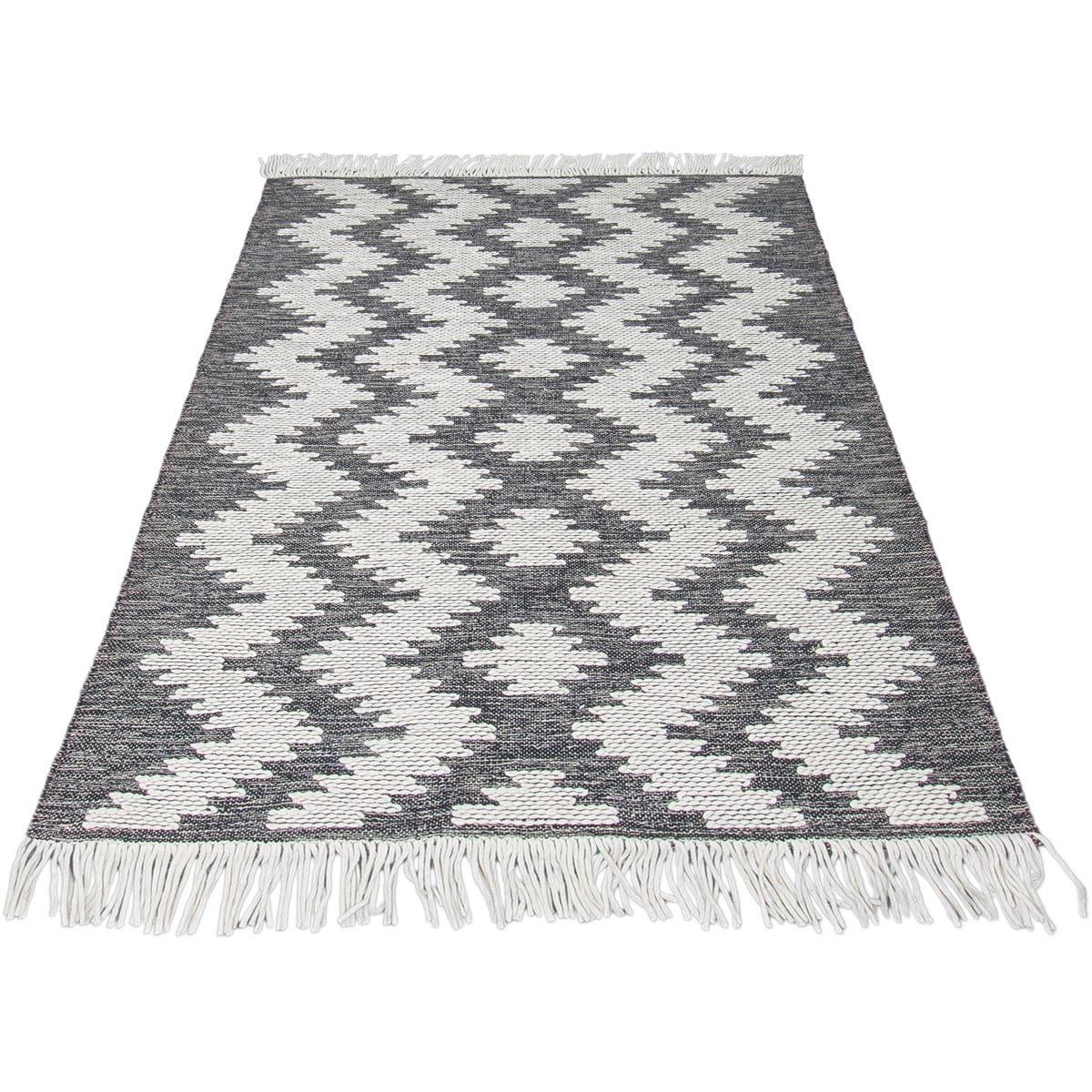 שטיח קילים סקנדינבי 11 אפור כהה/לבן עם פרנזים | השטיח האדום