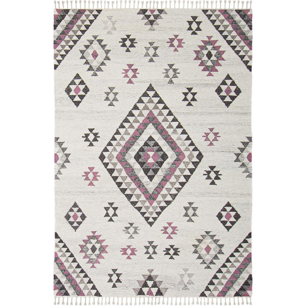 שטיח קילים סקנדינבי 08 לבן/ורוד עם פרנזים KILIM