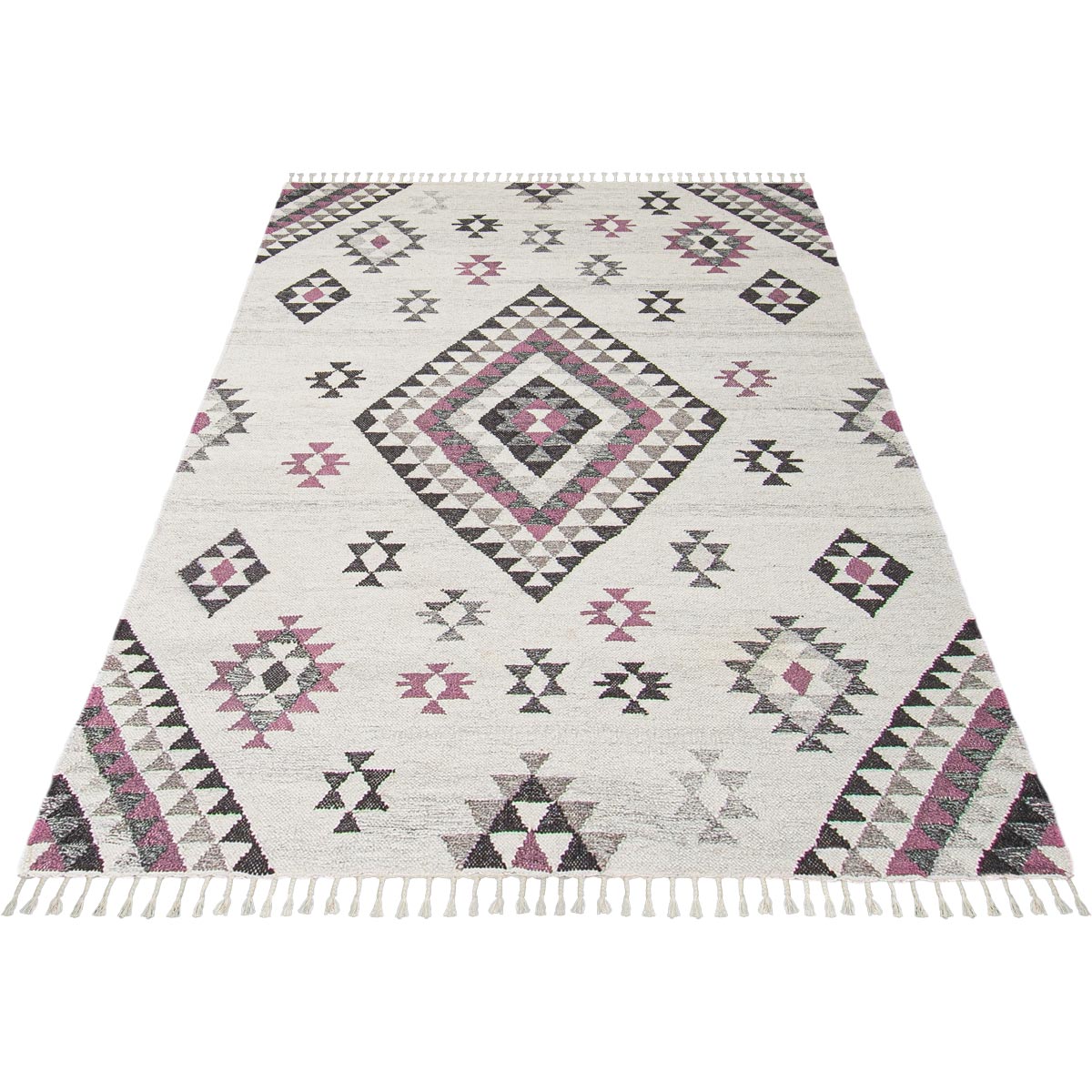 שטיח קילים סקנדינבי 08 לבן/ורוד עם פרנזים | השטיח האדום