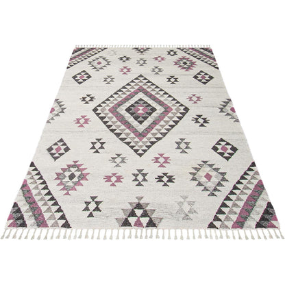שטיח קילים סקנדינבי 08 לבן/ורוד עם פרנזים | השטיח האדום