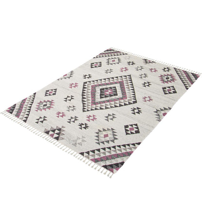 שטיח קילים סקנדינבי 08 לבן/ורוד עם פרנזים | השטיח האדום