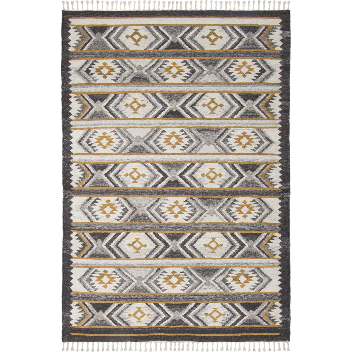 שטיח קילים סקנדינבי 15 אפור/צהוב עם פרנזים | השטיח האדום