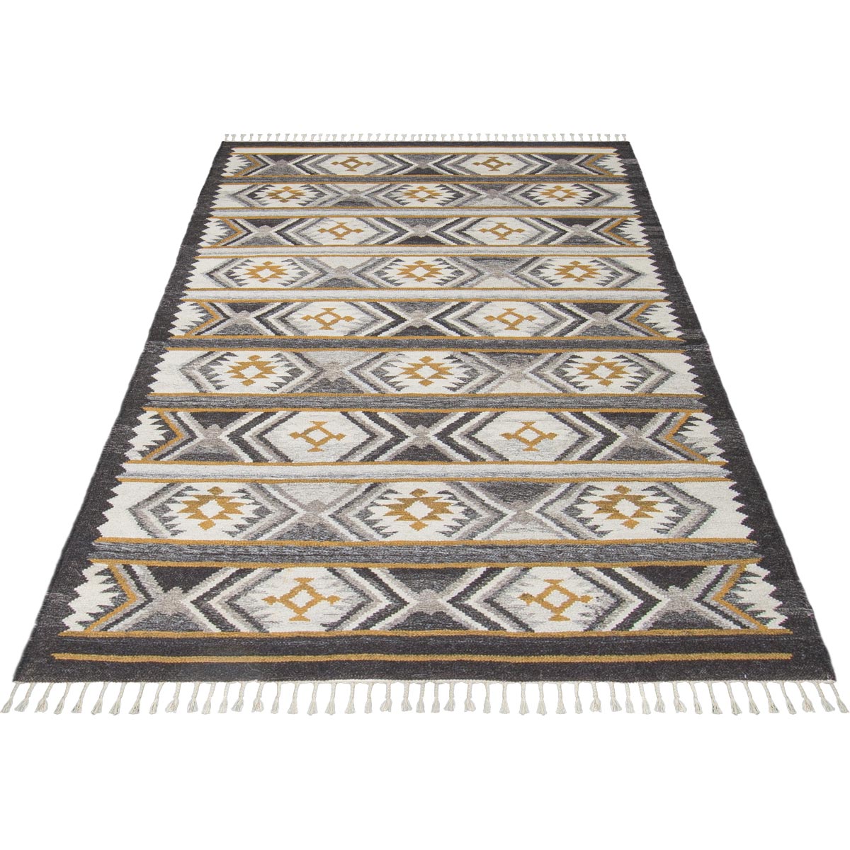 שטיח קילים סקנדינבי 15 אפור/צהוב עם פרנזים | השטיח האדום