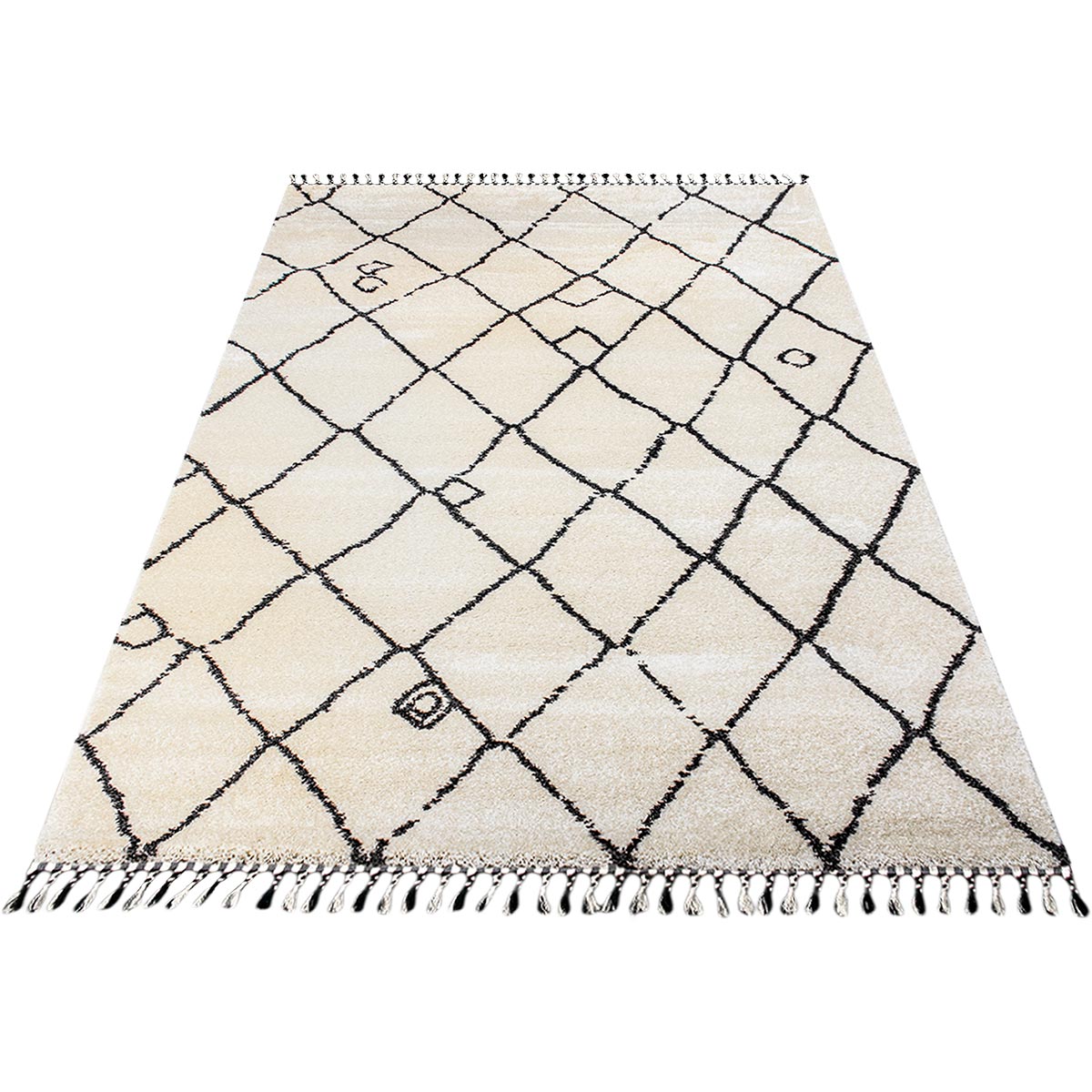 שטיח מרקש 06 קרם/שחור עם פרנזים | השטיח האדום