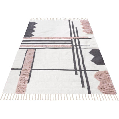 שטיח קילים סקנדינבי 22 לבן/ורוד/אפור עם פרנזים | השטיח האדום