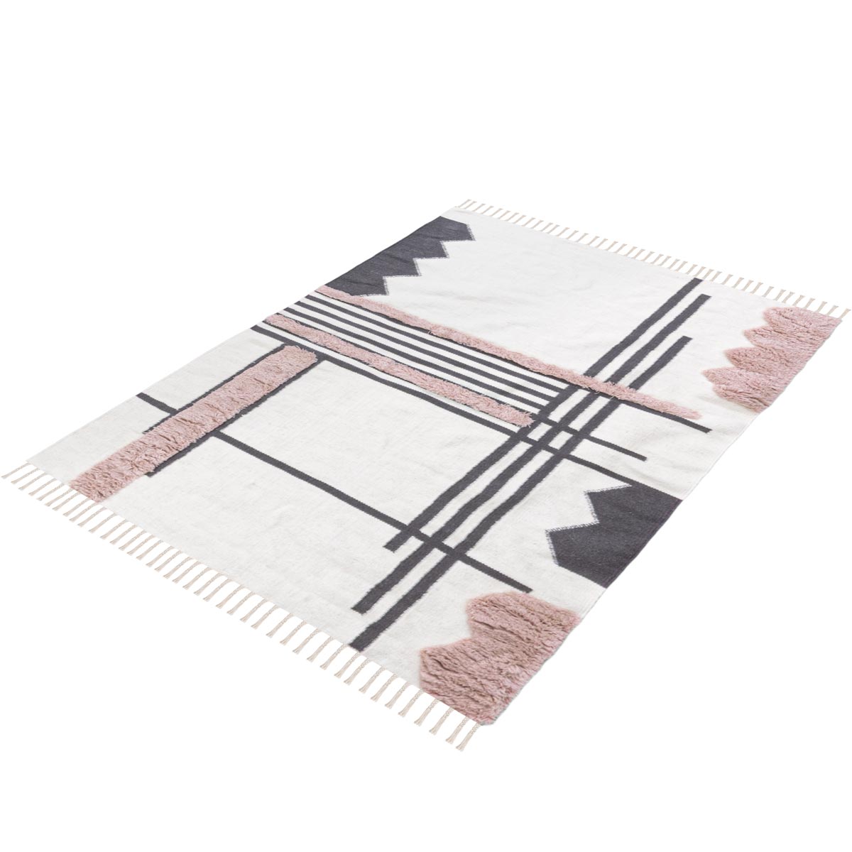 שטיח קילים סקנדינבי 22 לבן/ורוד/אפור עם פרנזים | השטיח האדום