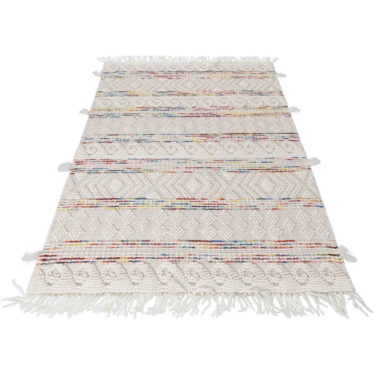 שטיח נירוונה 07 לבן/צבעוני עם פרנזים | השטיח האדום