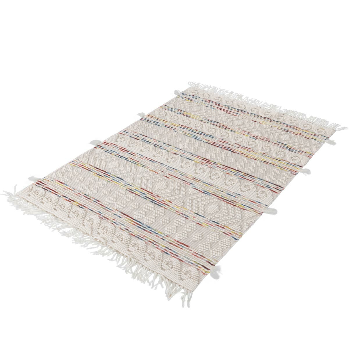 שטיח נירוונה 07 לבן/צבעוני עם פרנזים | השטיח האדום