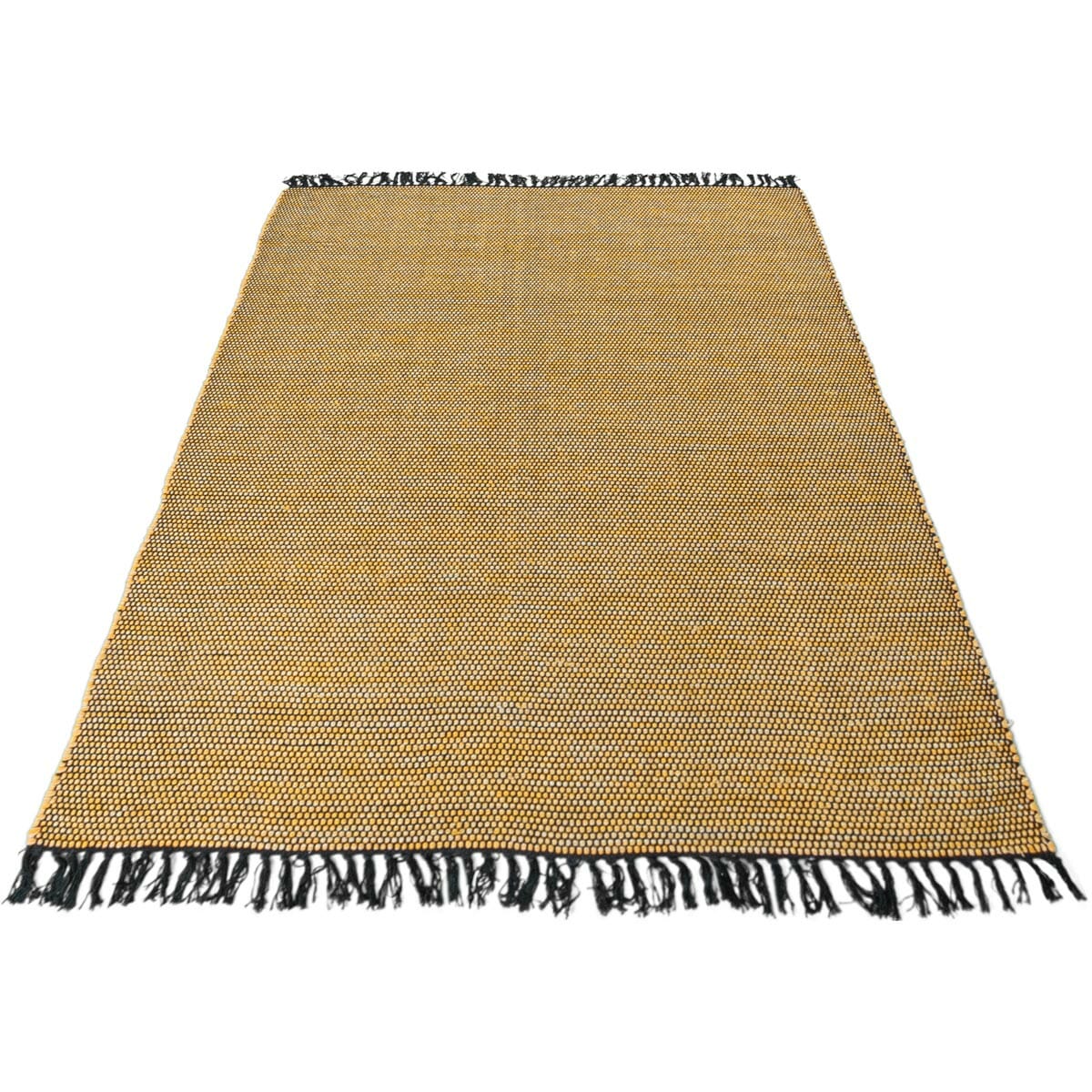 שטיח גפן כותנה 01 צהוב/שחור עם פרנזים | השטיח האדום