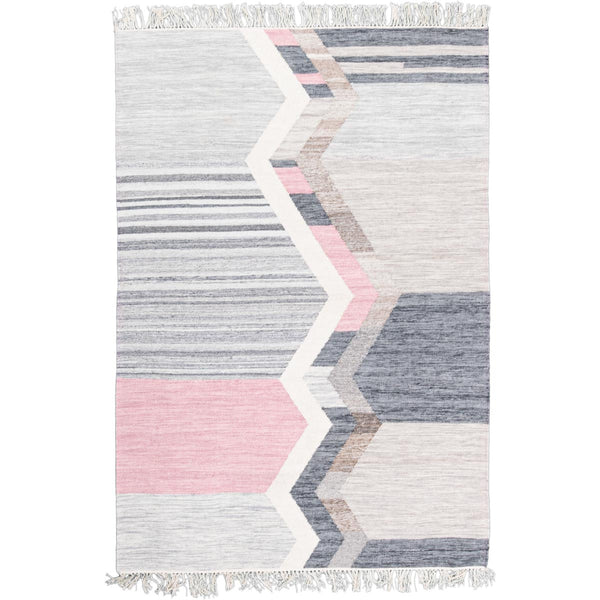 שטיח קילים סקנדינבי 18 כחול/ורוד/אפור עם פרנזים KILIM