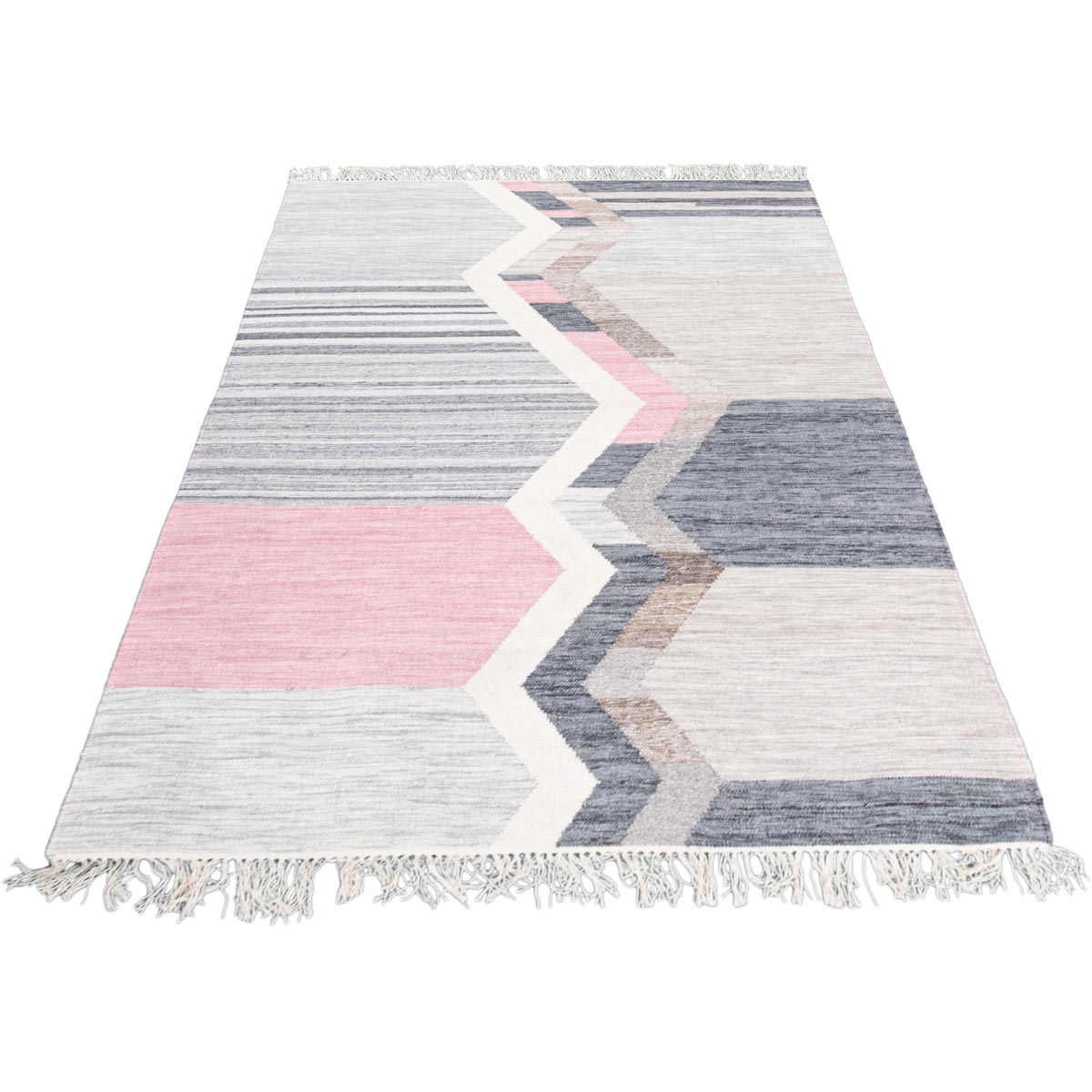 שטיח קילים סקנדינבי 18 כחול/ורוד/אפור עם פרנזים | השטיח האדום