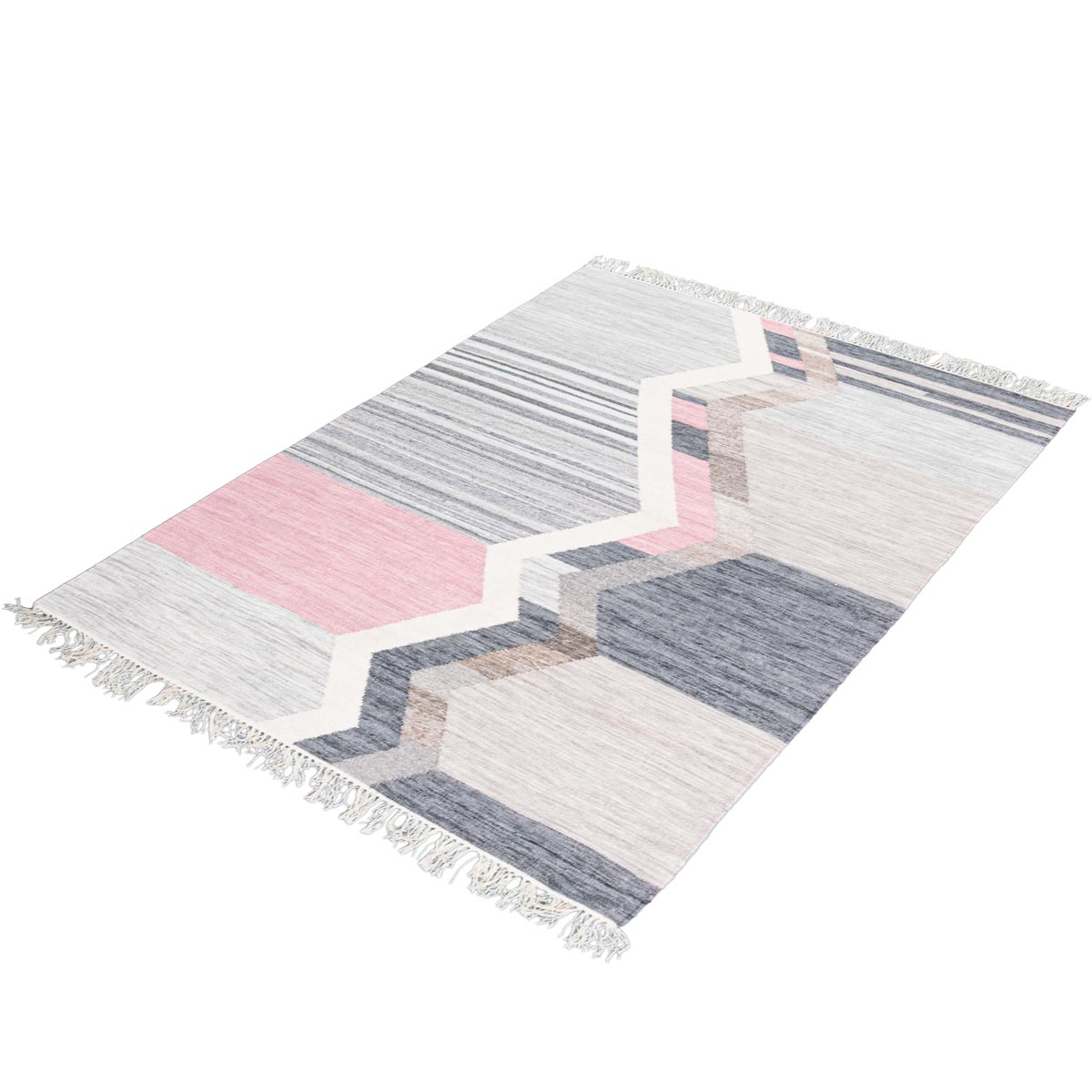 שטיח קילים סקנדינבי 18 כחול/ורוד/אפור עם פרנזים | השטיח האדום