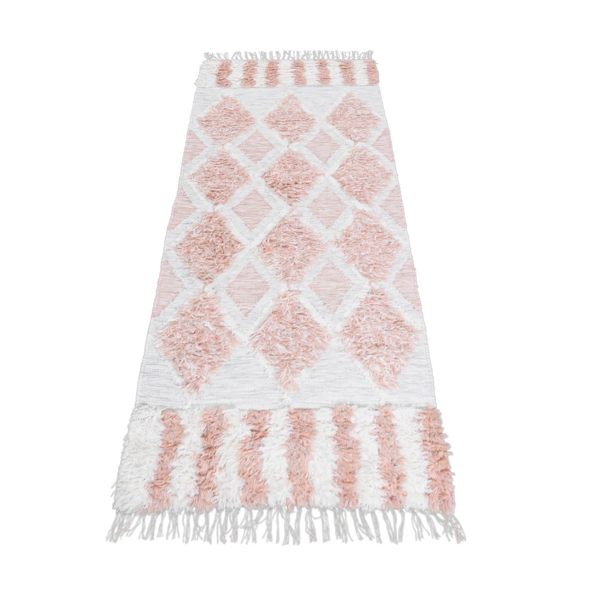 שטיח קילים סקנדינבי 23 לבן/ורוד ראנר עם פרנזים | השטיח האדום