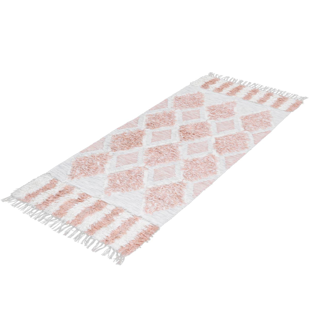 שטיח קילים סקנדינבי 23 לבן/ורוד ראנר עם פרנזים | השטיח האדום