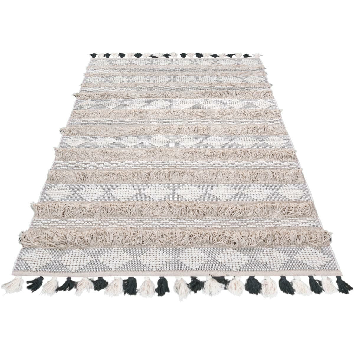 שטיח גפן כותנה 08 בז'/אפור/שחור עם פרנזים | השטיח האדום