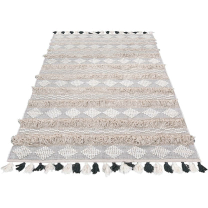 שטיח גפן כותנה 08 בז'/אפור/שחור עם פרנזים | השטיח האדום