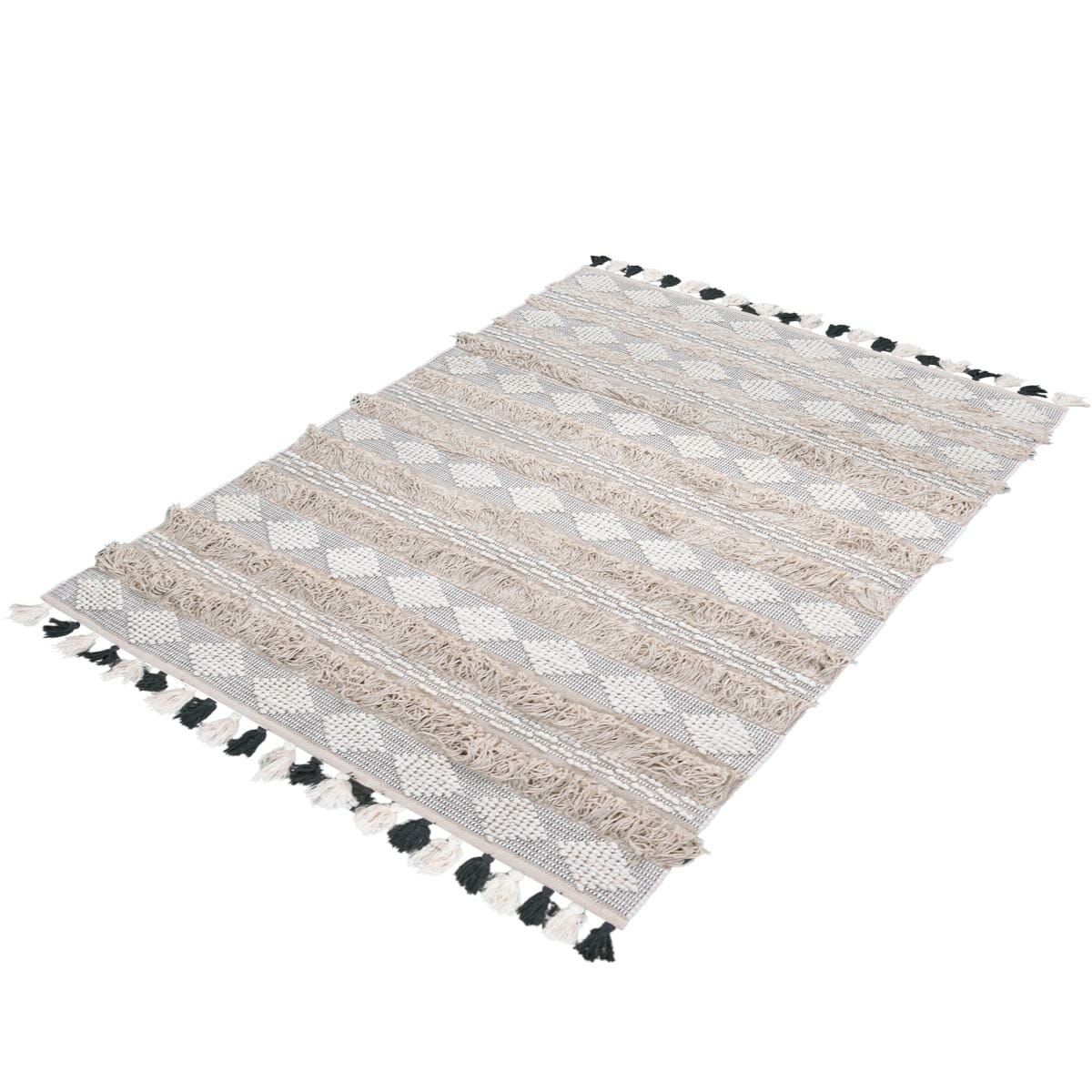 שטיח גפן כותנה 08 בז'/אפור/שחור עם פרנזים | השטיח האדום