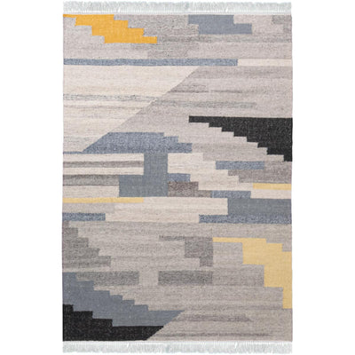 שטיח קילים סקנדינבי 19 כחול/צהוב/אפור עם פרנזים | השטיח האדום
