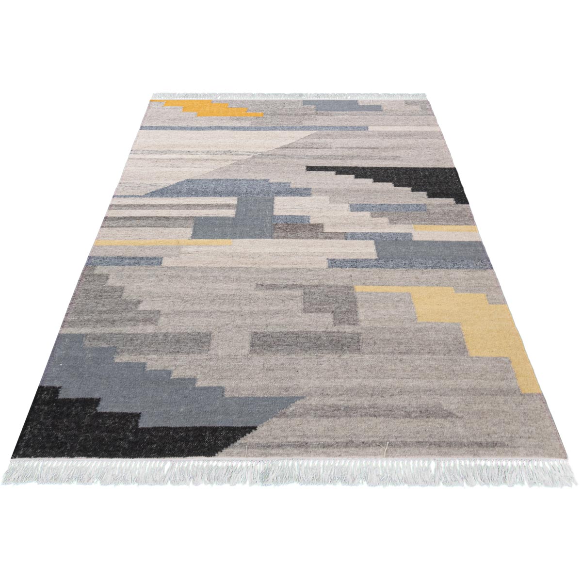 שטיח קילים סקנדינבי 19 כחול/צהוב/אפור עם פרנזים | השטיח האדום