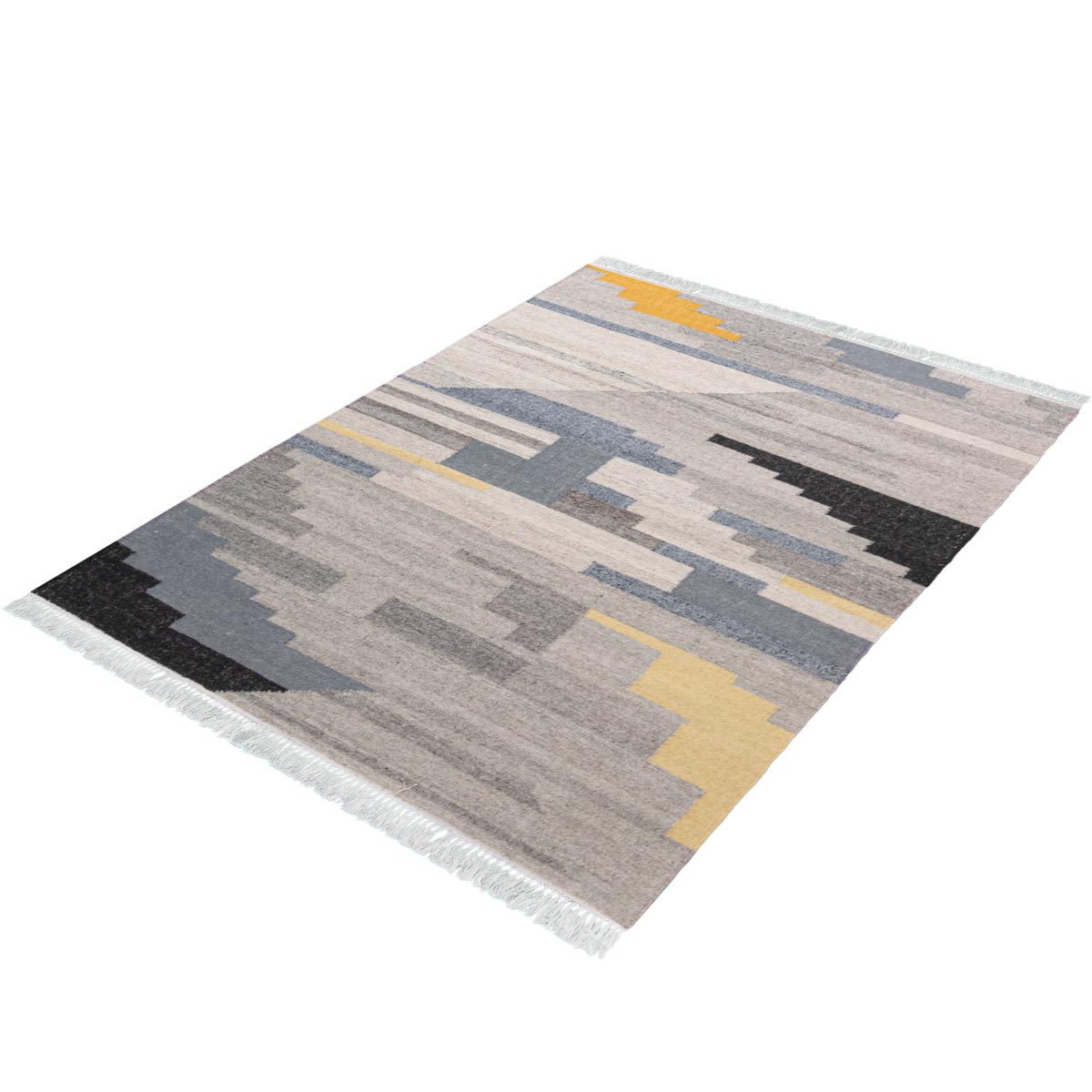 שטיח קילים סקנדינבי 19 כחול/צהוב/אפור עם פרנזים | השטיח האדום