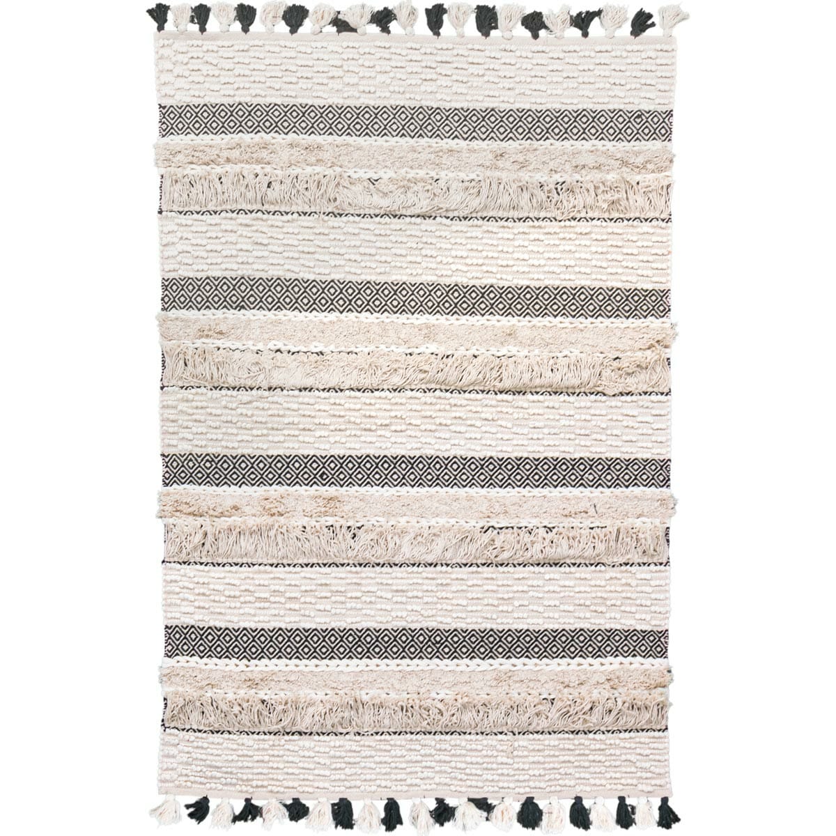 שטיח גפן כותנה 09 קרם/בז'/שחור עם פרנזים | השטיח האדום