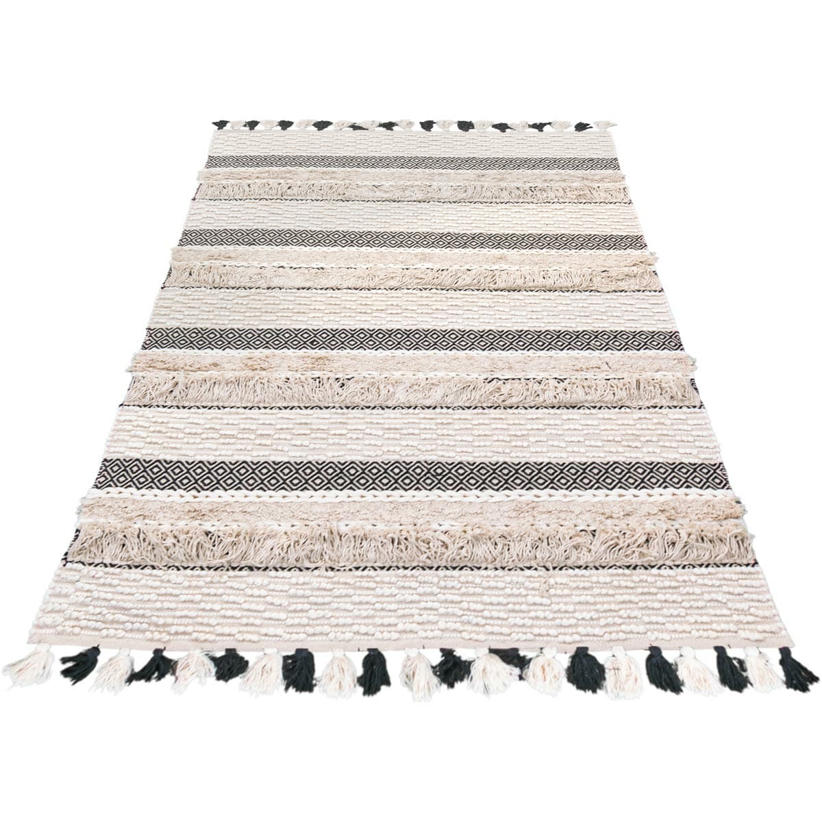 שטיח גפן כותנה 09 קרם/בז'/שחור עם פרנזים | השטיח האדום