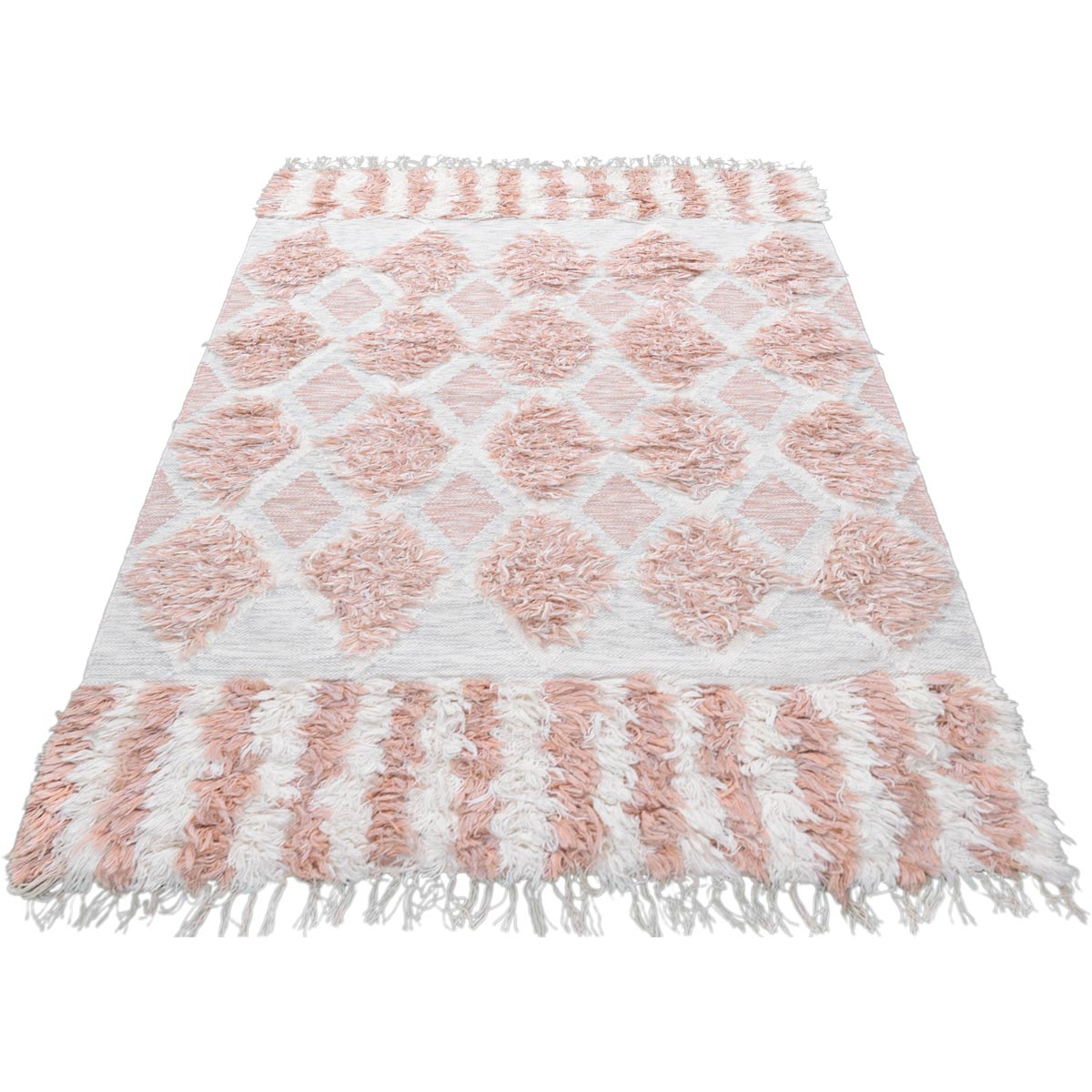 שטיח קילים סקנדינבי 23 לבן/ורוד עם פרנזים | השטיח האדום