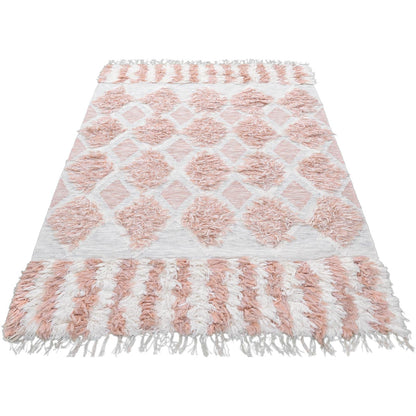 שטיח קילים סקנדינבי 23 לבן/ורוד עם פרנזים | השטיח האדום