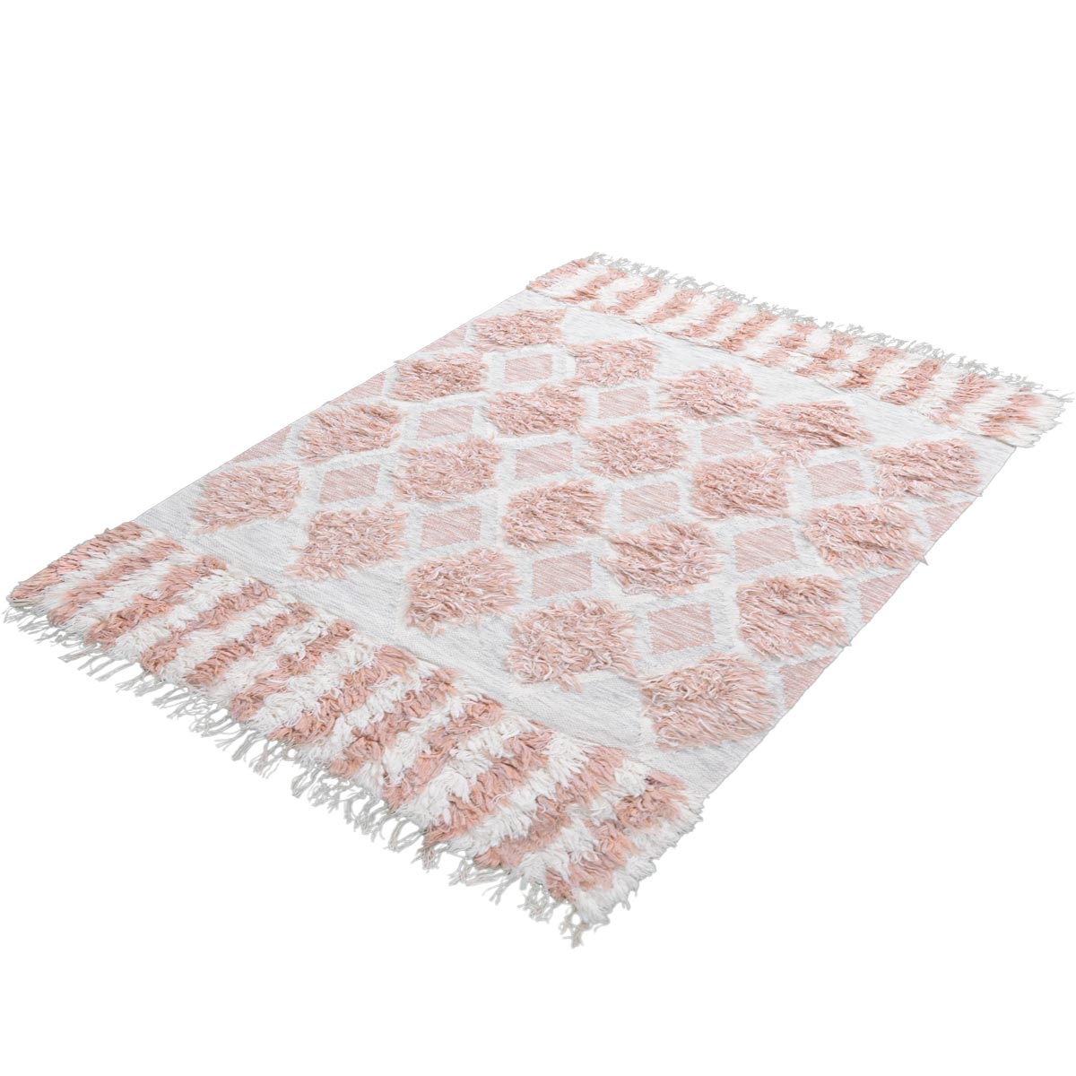 שטיח קילים סקנדינבי 23 לבן/ורוד עם פרנזים | השטיח האדום