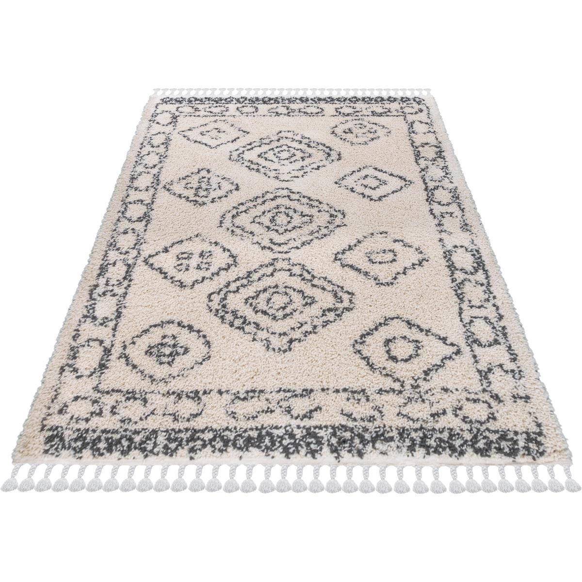 שטיח שאגי מרקש 08 קרם/שחור עם פרנזים | השטיח האדום