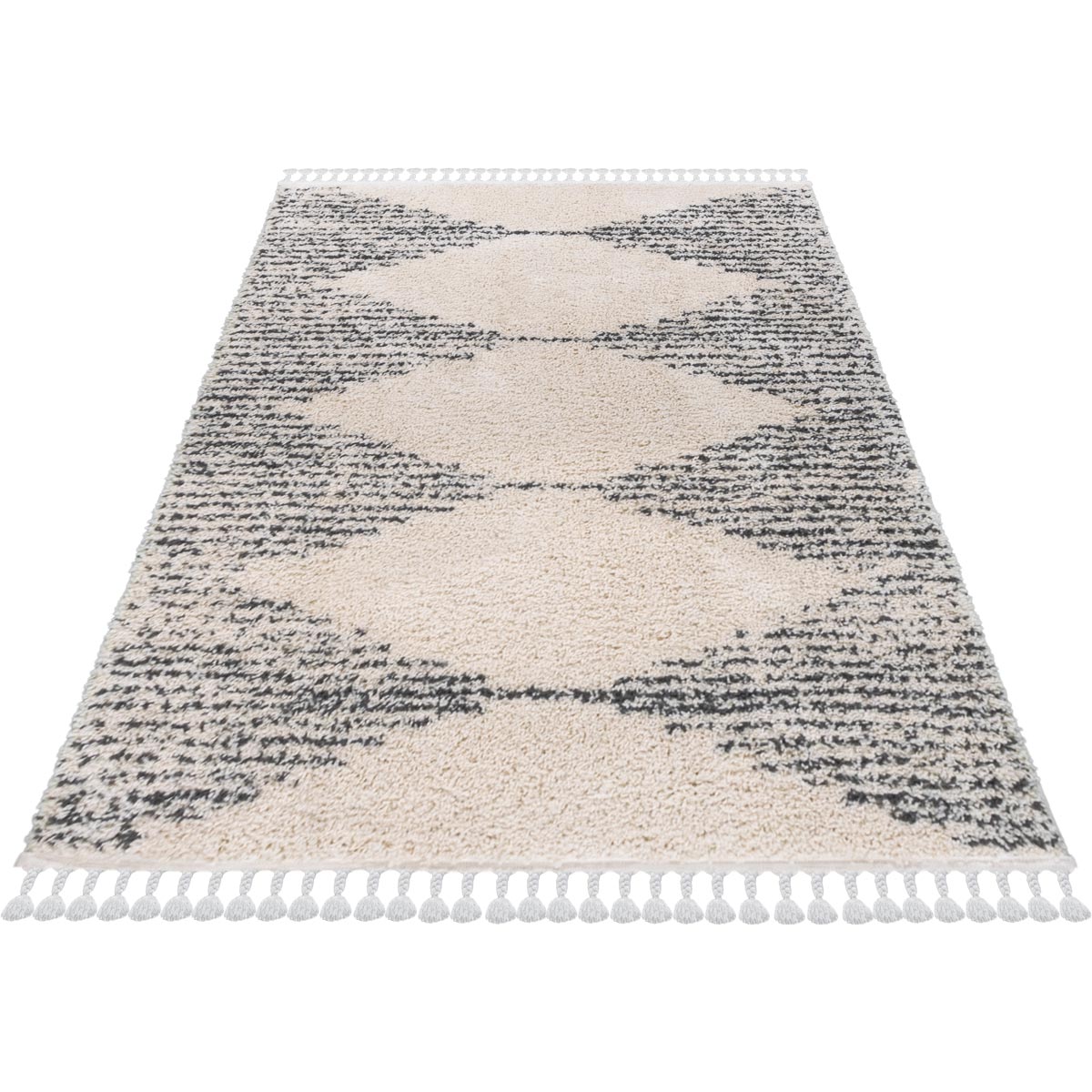 שטיח שאגי מרקש 10 קרם/שחור עם פרנזים | השטיח האדום