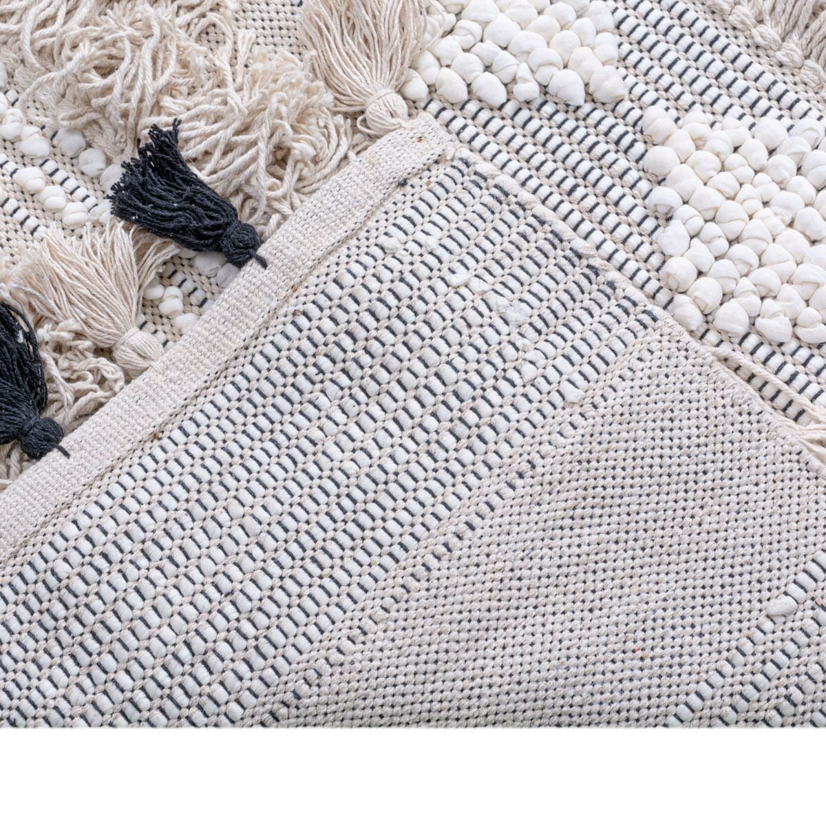 שטיח גפן כותנה 08 בז'/אפור/שחור עם פרנזים | השטיח האדום