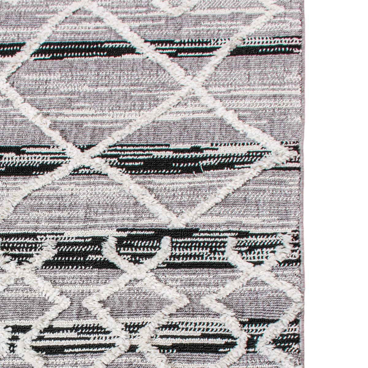 שטיח אטלס 02 אפור/שחור/קרם עם פרנזים | השטיח האדום