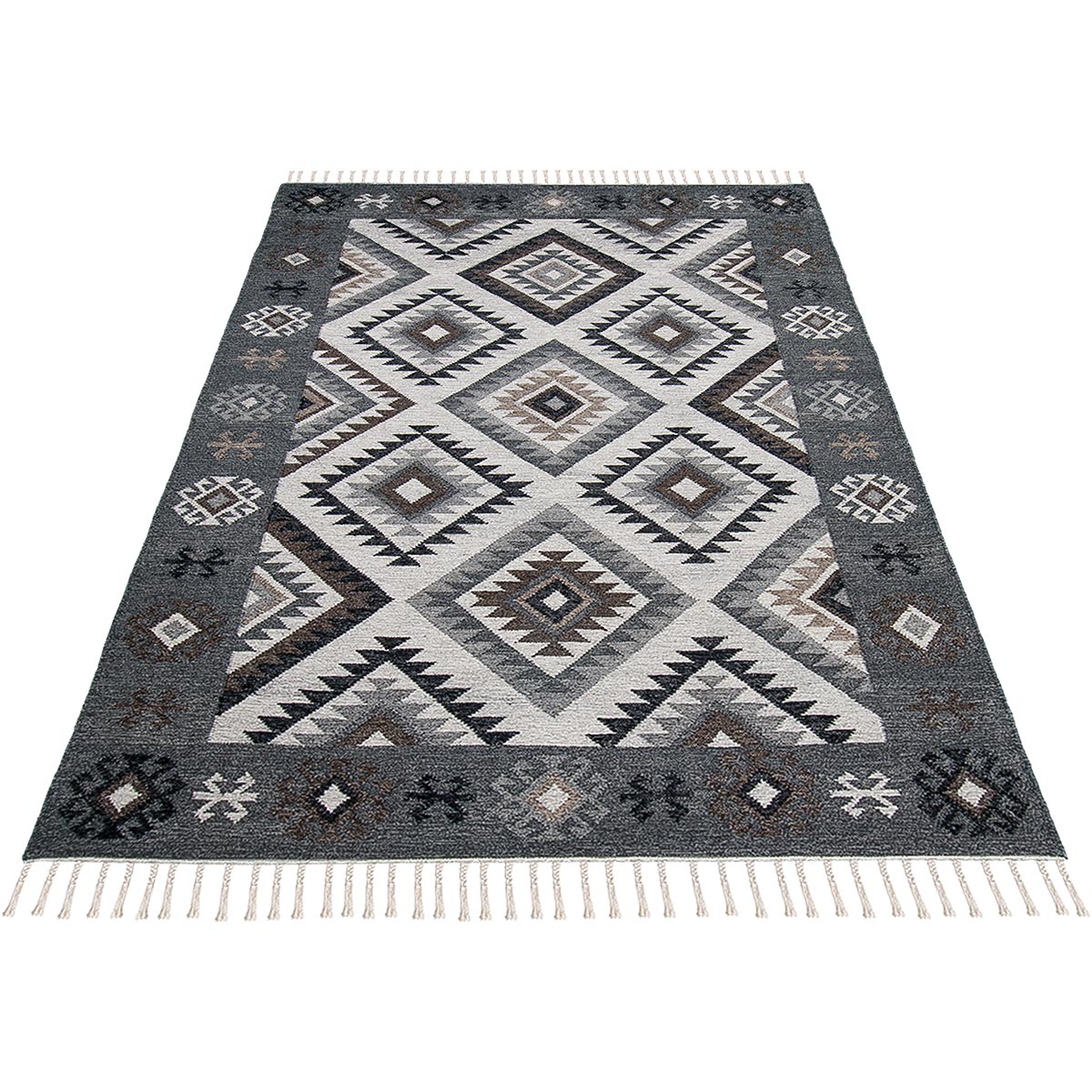 שטיח קילים סקנדינבי 01 אפור עם פרנזים | השטיח האדום