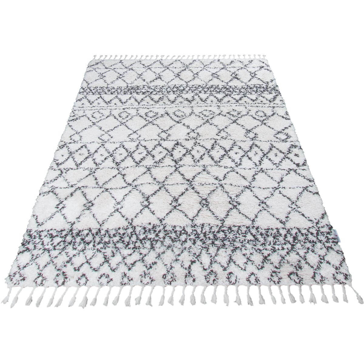 שטיח קזבלנקה 01 לבן/שחור עם פרנזים | השטיח האדום