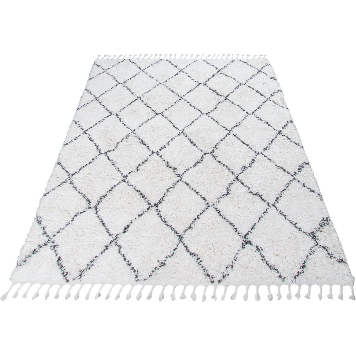 שטיח קזבלנקה 03 לבן/שחור עם פרנזים | השטיח האדום