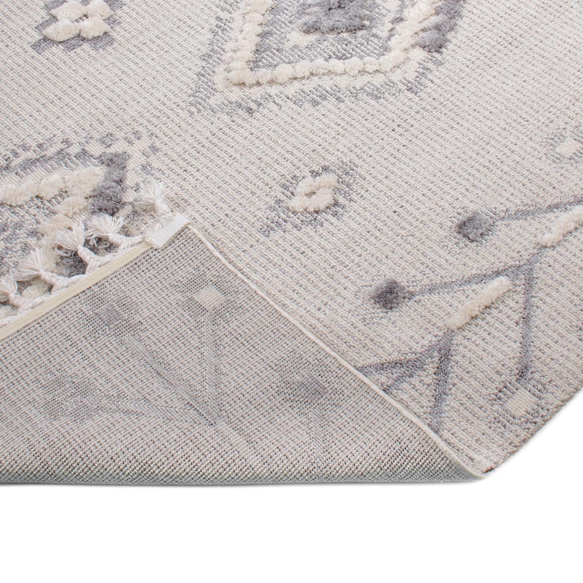 שטיח אטלס 13 אפור/קרם עם פרנזים | השטיח האדום