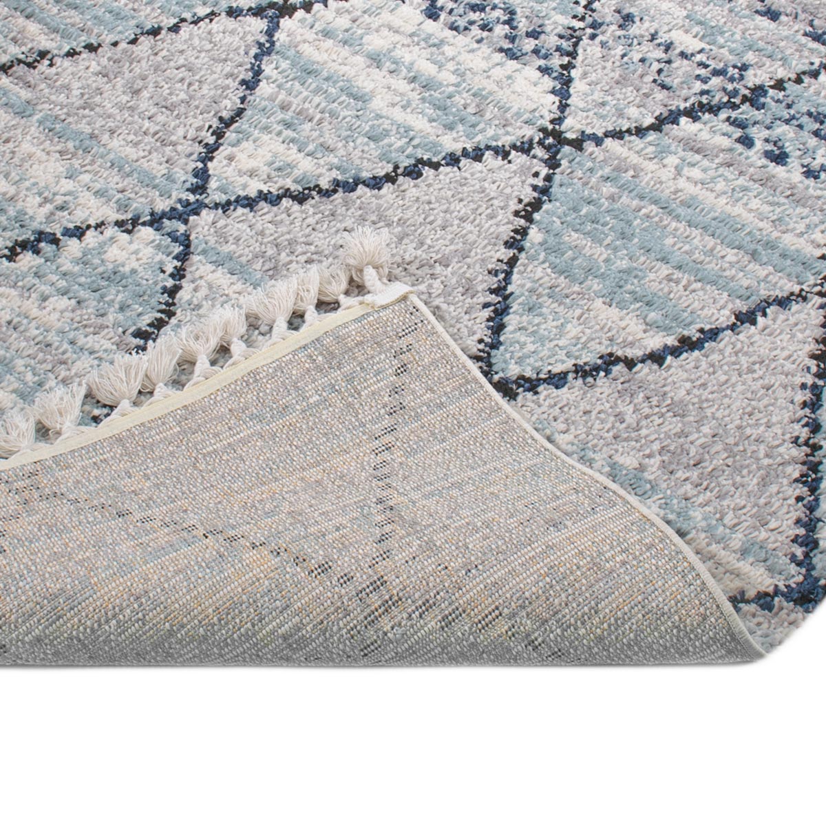 שטיח טנג'יר 08 אפור/תכלת עם פרנזים | השטיח האדום