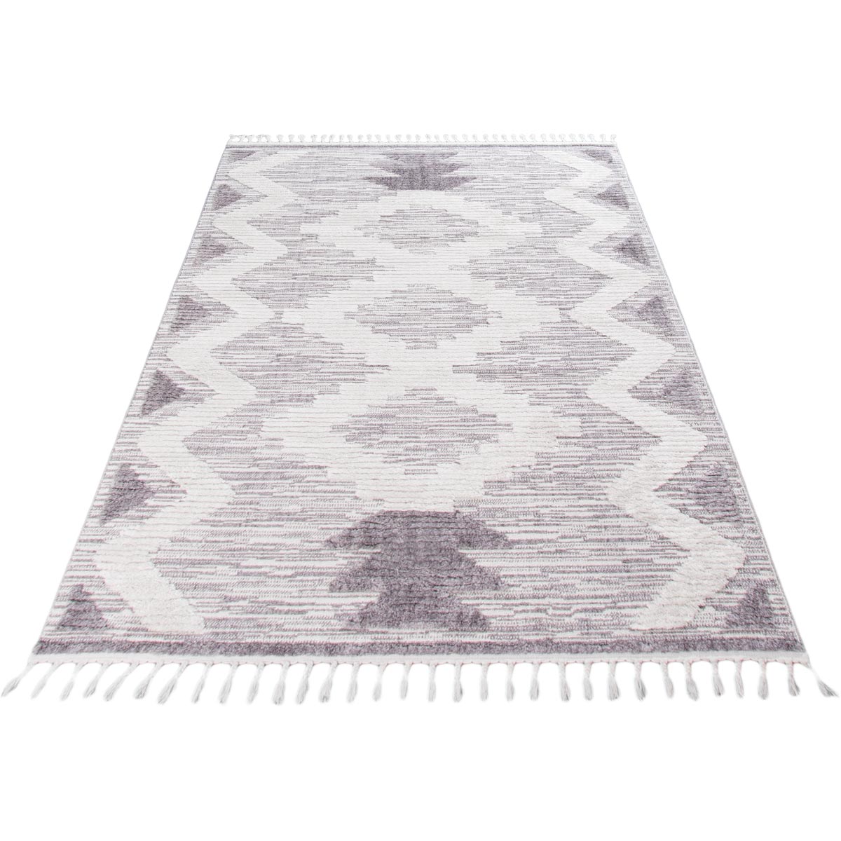 שטיח אטלס 06 אפור/קרם עם פרנזים | השטיח האדום