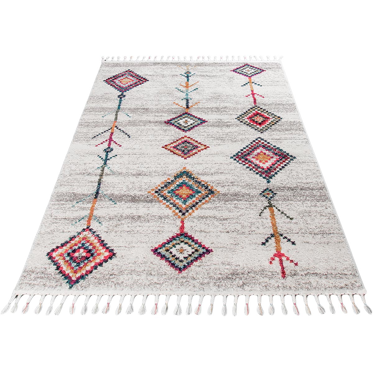 שטיח מיקונוס 01 קרם/אפור עם פרנזים | השטיח האדום