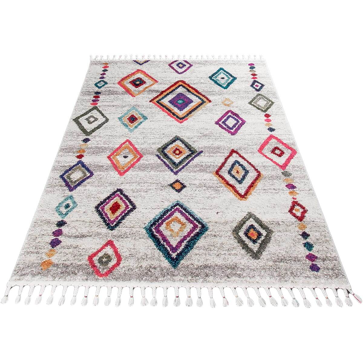 שטיח מיקונוס 03 קרם/אפור עם פרנזים | השטיח האדום