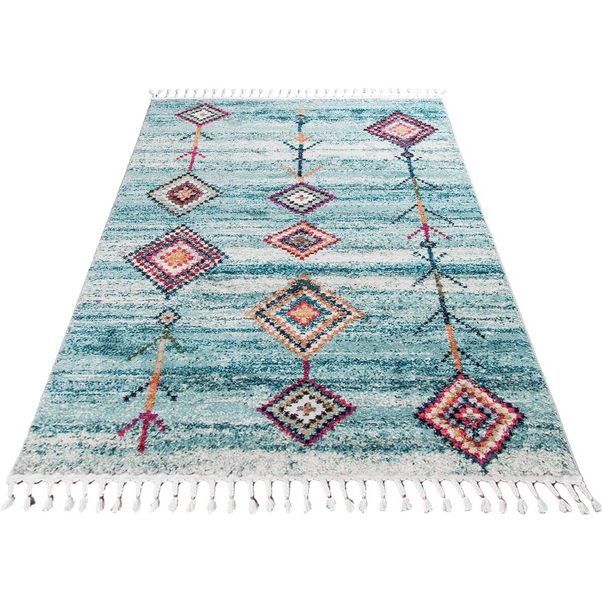 שטיח מיקונוס 01 טורקיז עם פרנזים | השטיח האדום