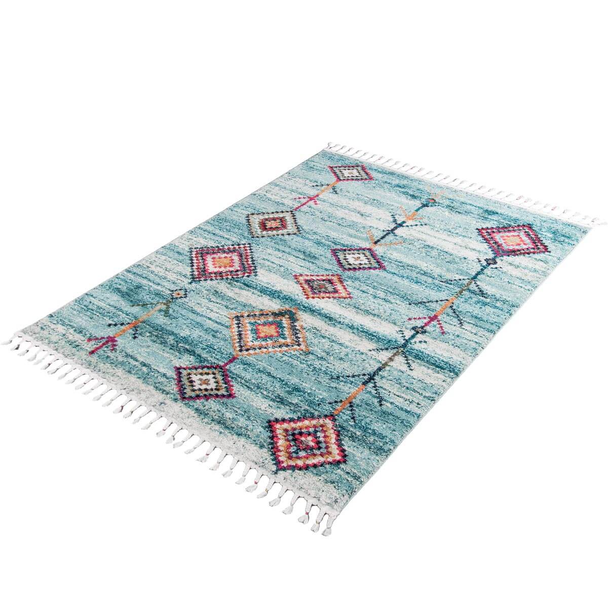 שטיח מיקונוס 01 טורקיז עם פרנזים | השטיח האדום